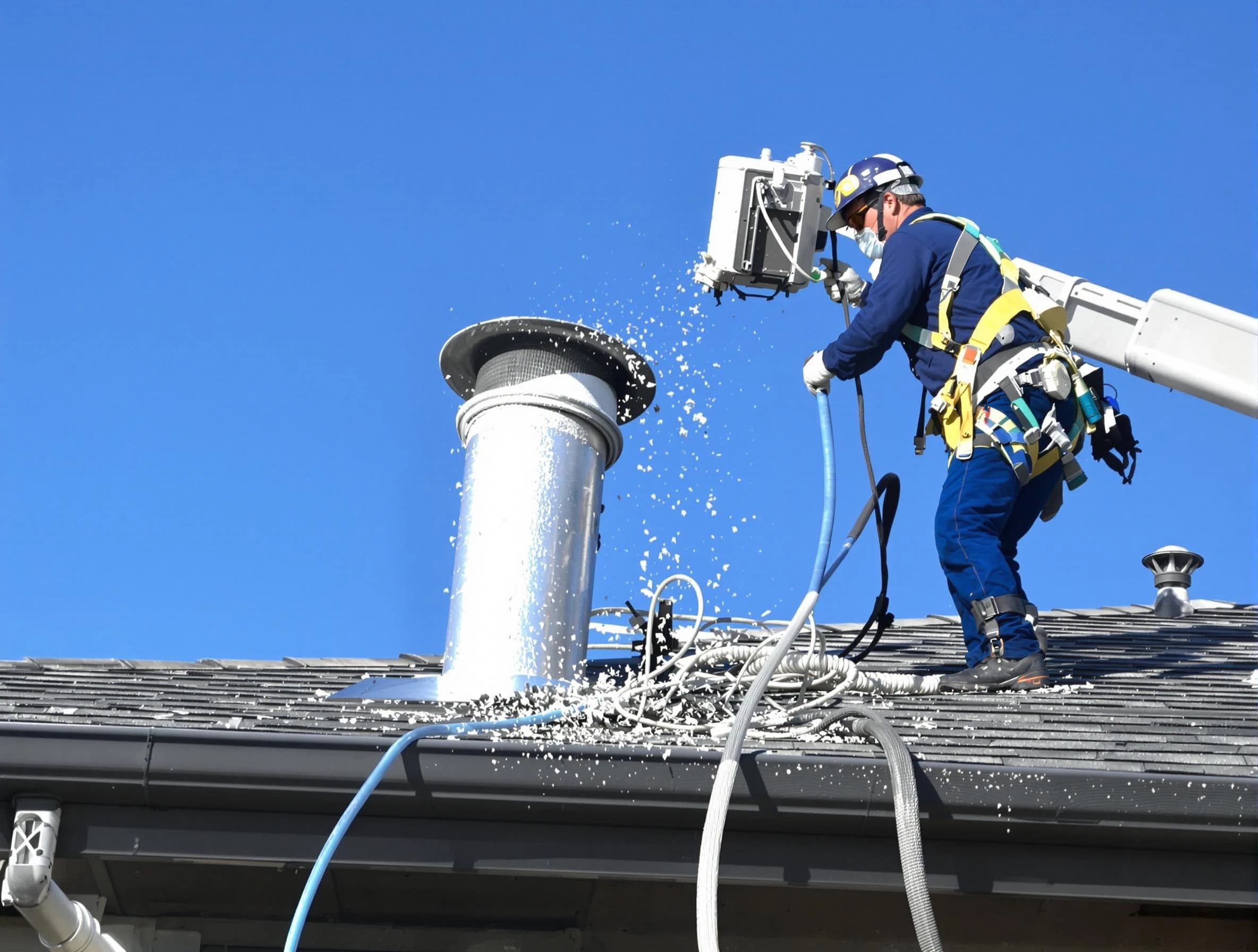 Worcester Dryer Vent Cleaning certified technician safely cleaning a roof-mounted dryer vent in Worcester