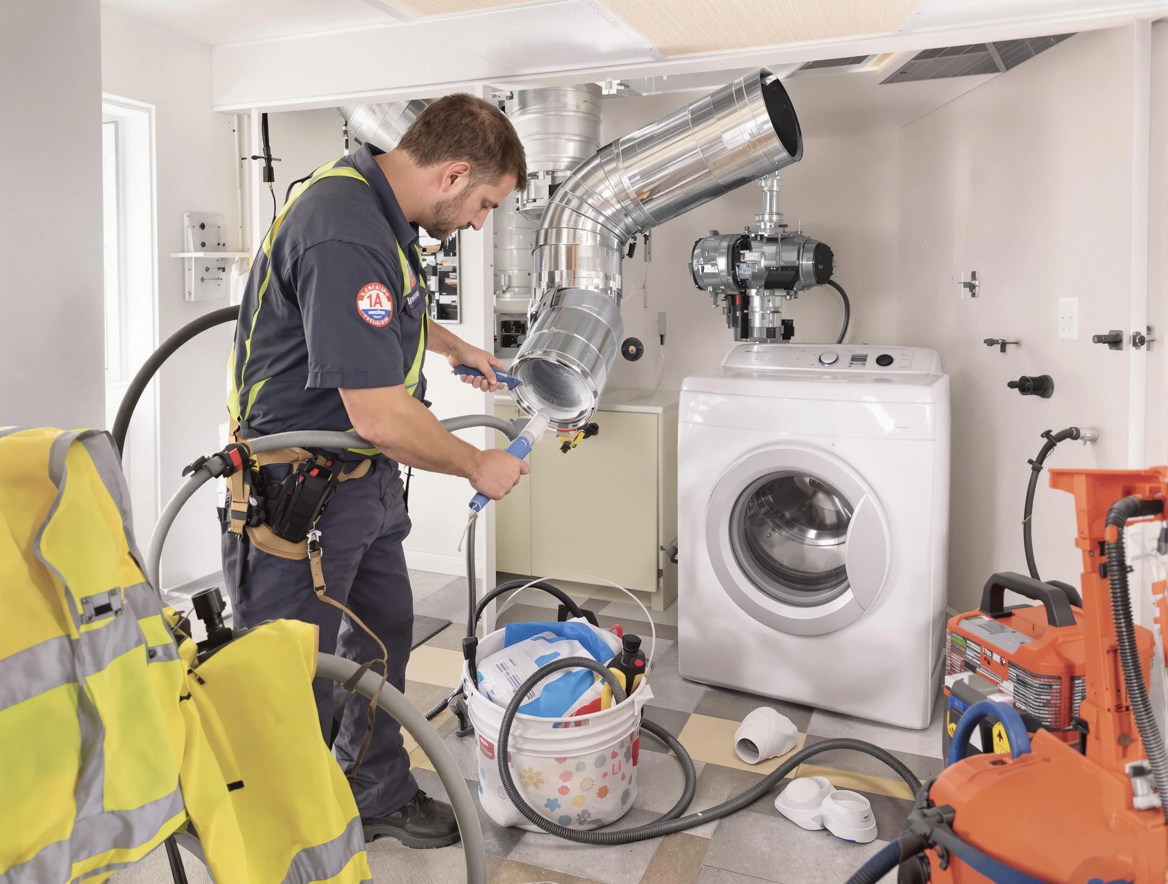 Worcester Dryer Vent Cleaning technician using specialized equipment to clear severe dryer vent blockage in Worcester